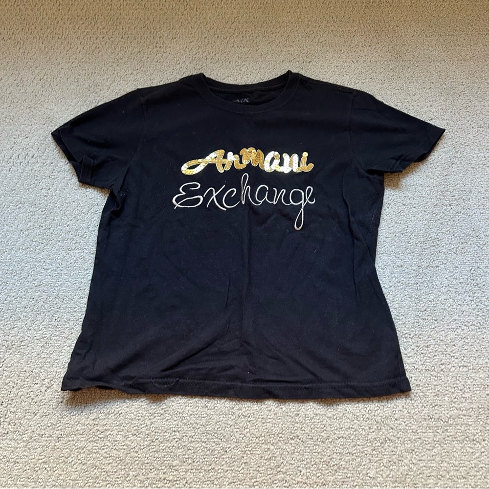 Y2K Retro Armani Exchange Women's Black Sequins Logo T Shirt Size Large